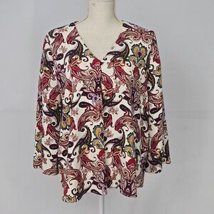 Chicos Womens 2 Petite Large Paisley Print Split Sleeve Swing Tunic Top Blouse